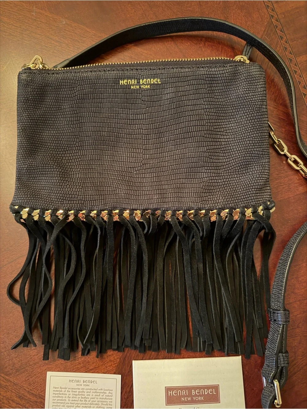 Henri Bendel Black Leather Lizard Embossed Black Fringed Crossbody Bag